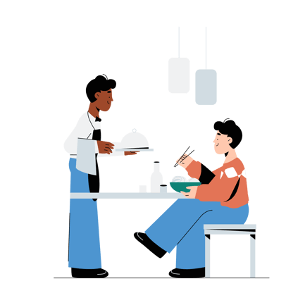 Man Eating Noodles at Home with Waiter