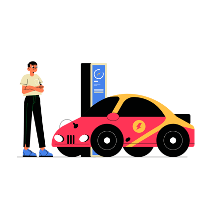 Electric Car Charging Station with Waiting Person