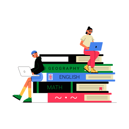 Studierende, die online studieren, sitzen auf Büchern