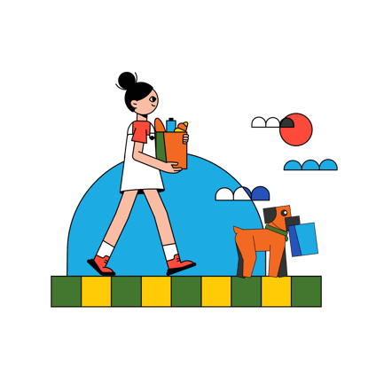 Woman Shopping with Dog Geometric Illustration