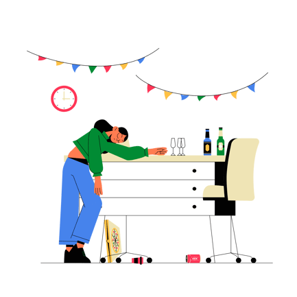 Illustration of a Drunk Woman Leaning on a Desk