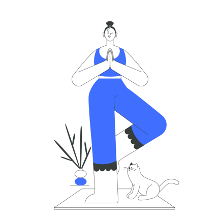 Mujer practicando postura de yoga con una ilustración de gato