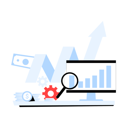 Ilustración de análisis de recursos con gráfico de barras y lupa