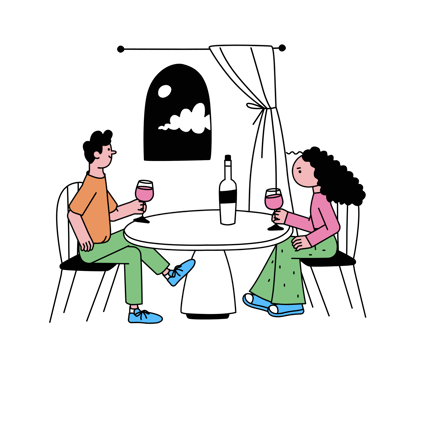 Couple on Wine Date Cartoon Illustration