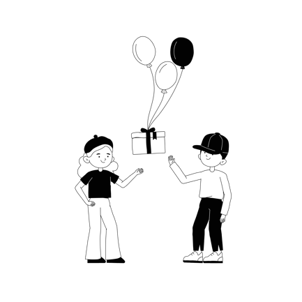 Kids with Present and Balloons Line Art Illustration