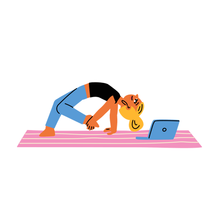 Mulher fazendo ioga em pose de ponte em casa com laptop