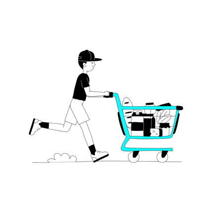 Line Art Illustration of a Person Running with Grocery Cart