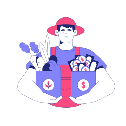 Farmer Holding Boxes with Vegetables and Money Duotone Style