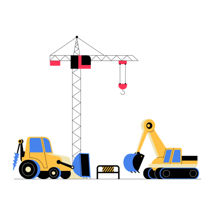 Construction Site with Crane and Construction Vehicles