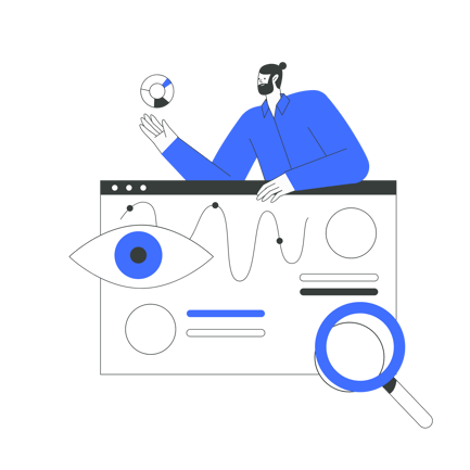 Ilustración de monitoreo del sitio con gráfico y lupa