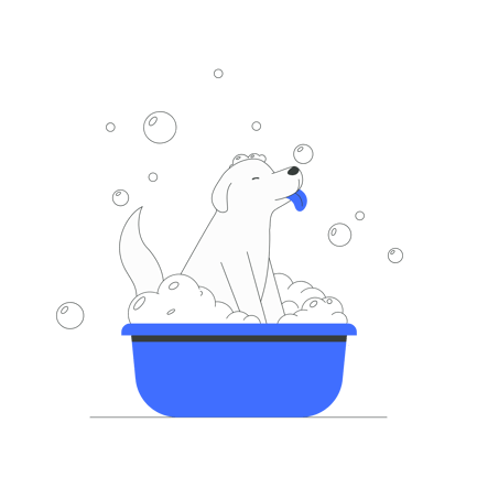 Dog Bathing in a Blue Tub with Bubbles