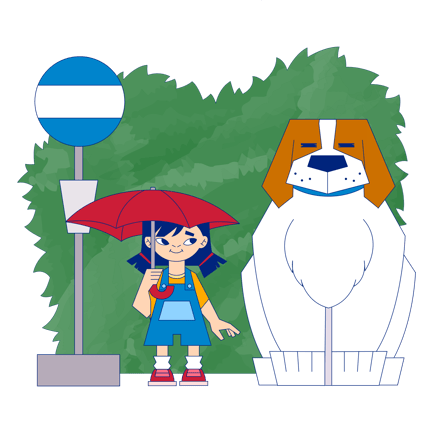 Girl and Dog Waiting for the Bus in the Rain