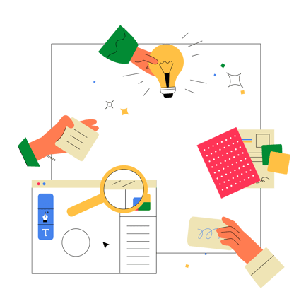 Ilustración de diseño de producto con bombilla y lupa