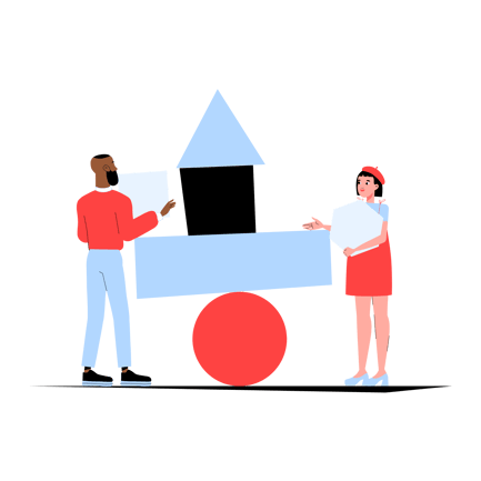 Duotone People Building with Geometric Shapes Illustration