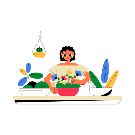 Flat Illustration of a Woman Gardening with Flowers