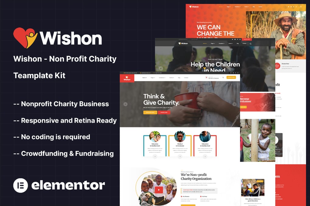Item Wishon Non Profit Charity Elementor Template Kit by themesflat