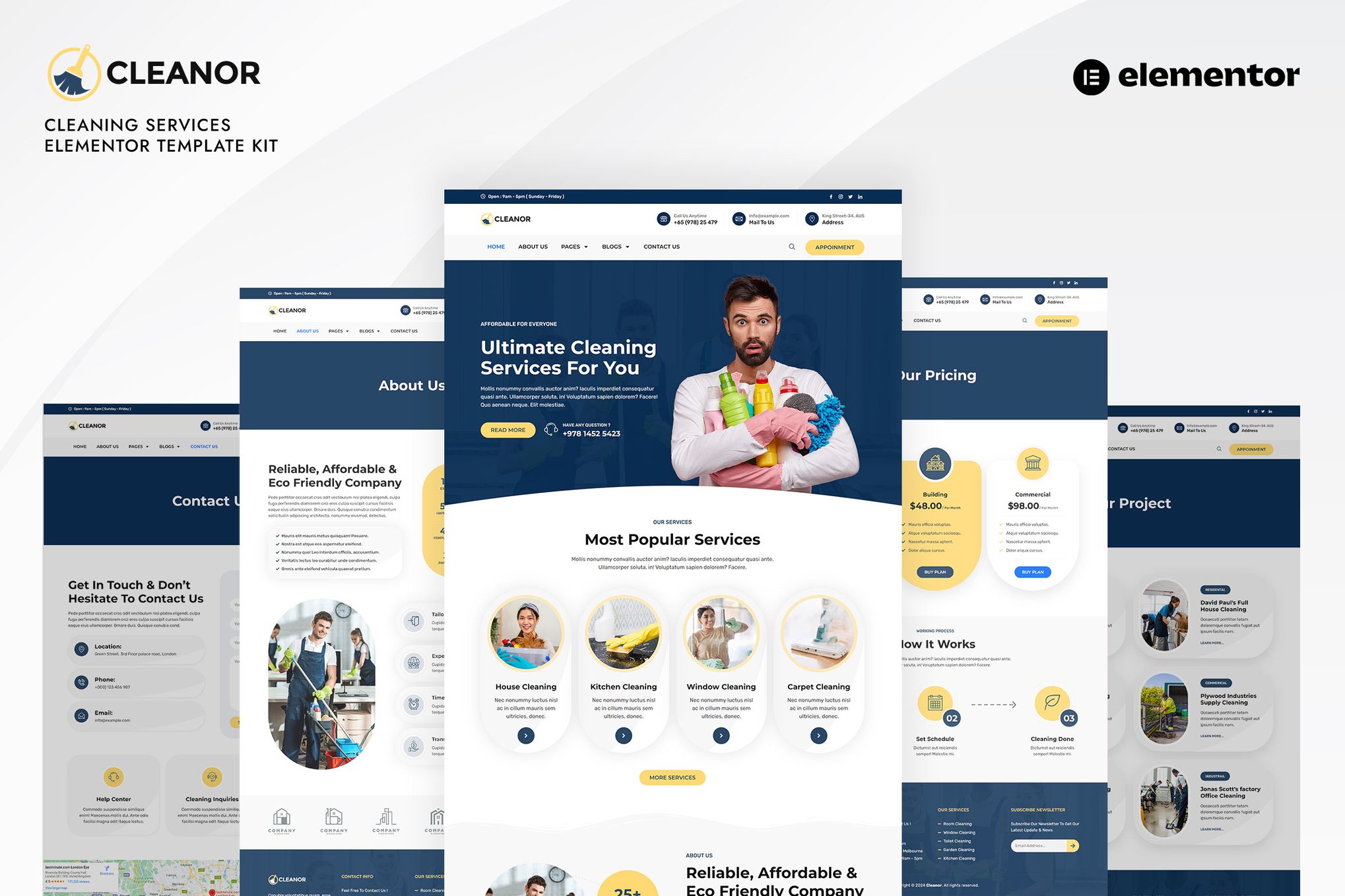 Cleanor Cleaning Services Elementor Pro Template Kit, WP Template