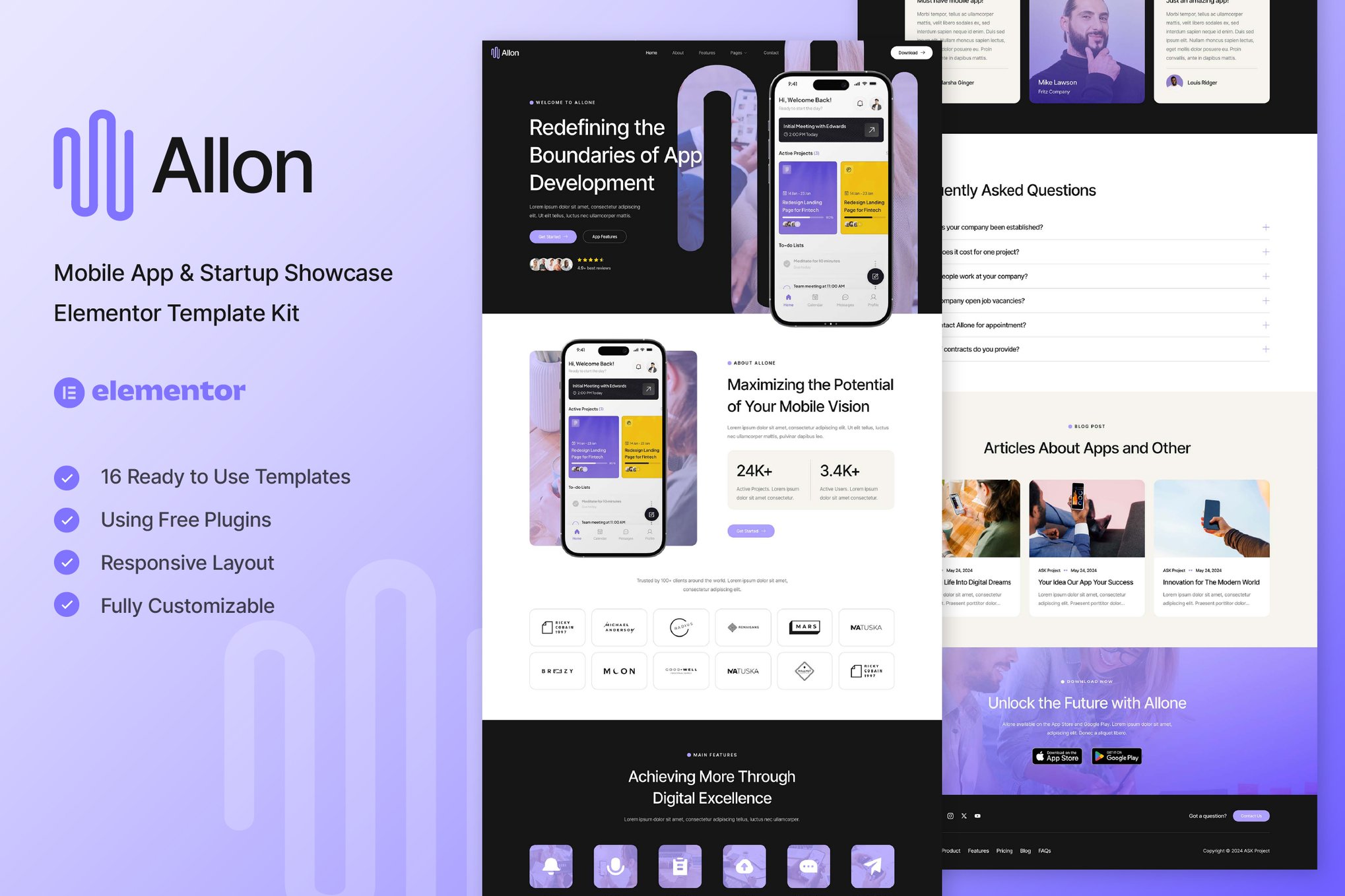 Allon Mobile App & Startup Showcase Elementor Template Kit, WP