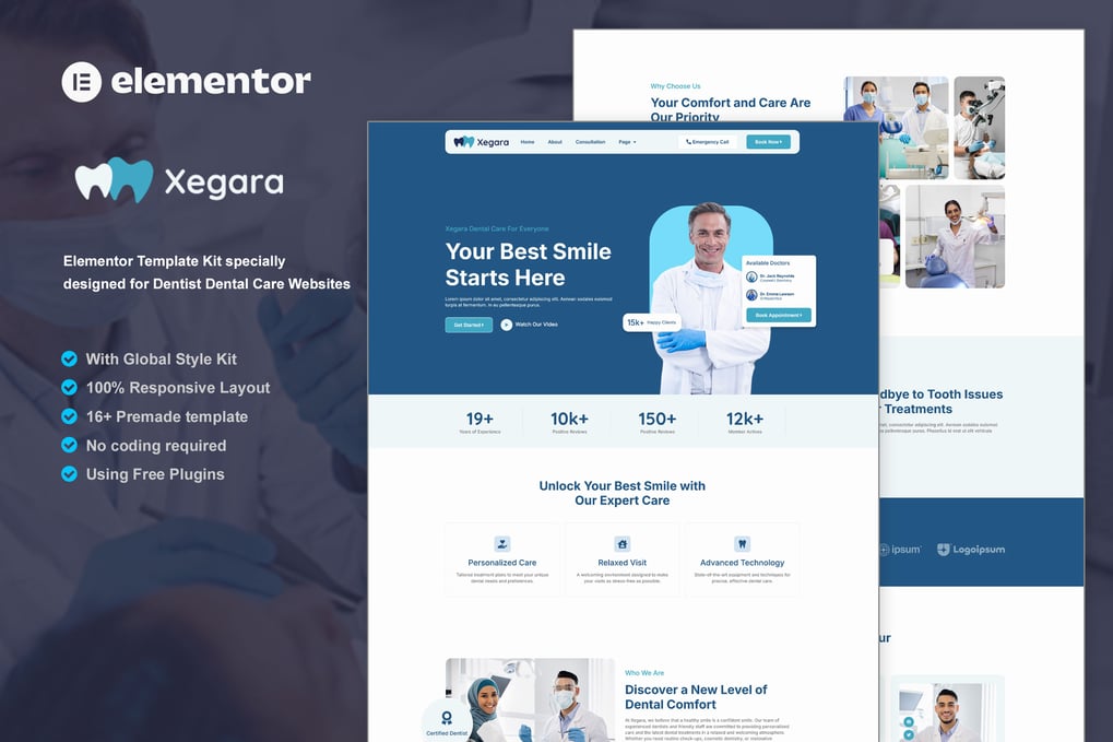 Xegara Dentist Dental Care Elementor Template Kit, WP Template Kits