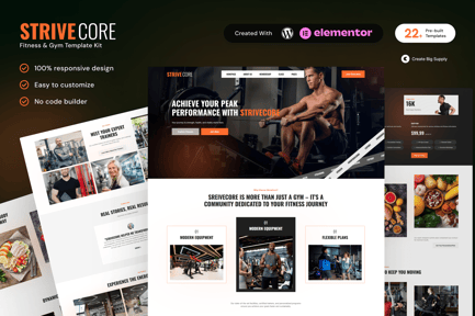Preview: StriveCore Fitness & Gym Elementor Template Kit for Workout Studios, Personal Trainers, Health Clubs
