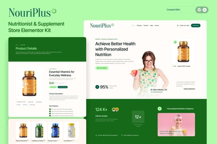 Vista previa: NouriPlus — Kit Elementor para nutricionistas y tiendas de suplementos