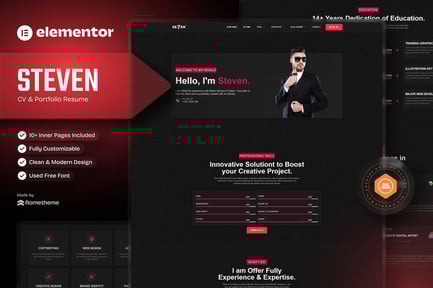 Vorschau: Steven - Dark CV Portfolio Lebenslauf Elementor Template Kit