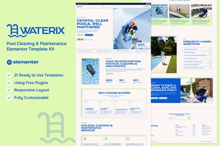 Vista previa: Waterix - Kit Elementor para servicio de limpieza y mantenimiento de piscinas