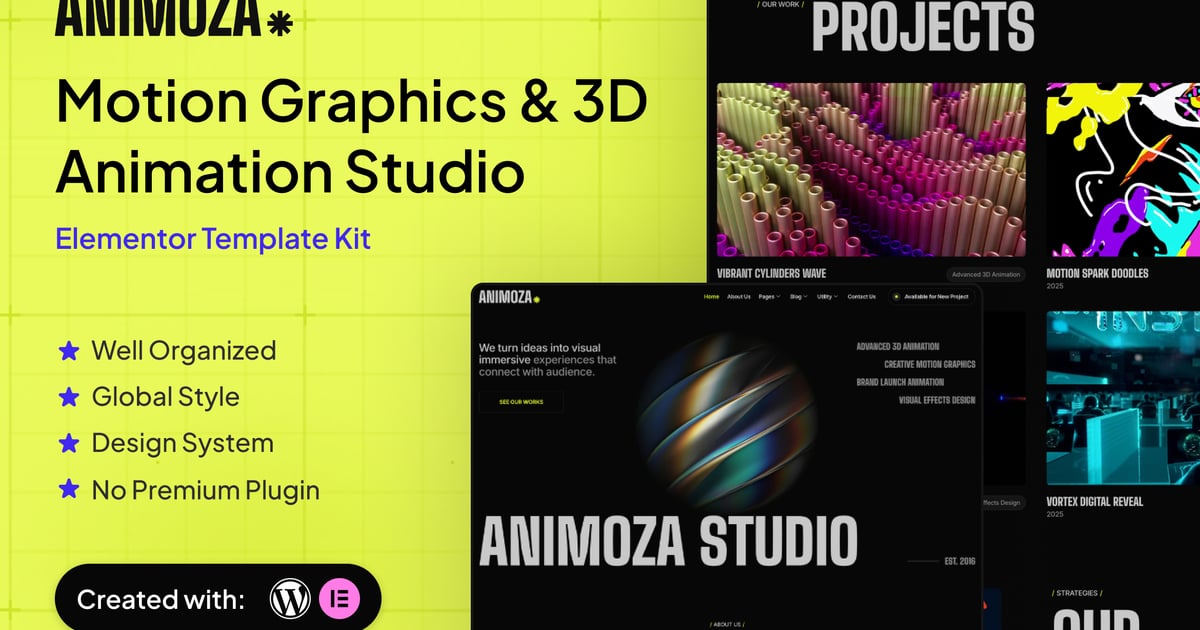 Animoza - Motion Graphics & 3D Animation Studio Elementor Template Kit ...