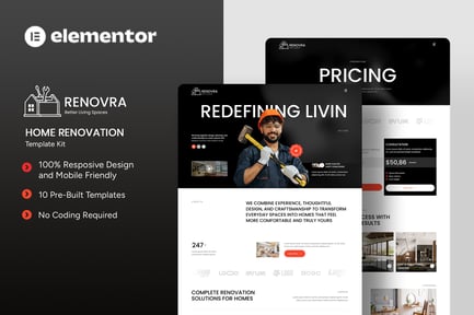 Vista previa: Renovra - Kit de plantillas Elementor para renovación del hogar