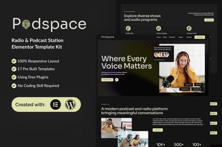 Preview: Podspace - Radio & Podcast Station Elementor Template Kit