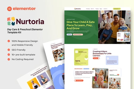 Vista previa: Nurtoria — Kit de plantillas Elementor para guarderías y preescolares