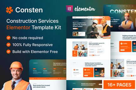 Aperçu: Consten — Kit de modèles Elementor pour les services de construction