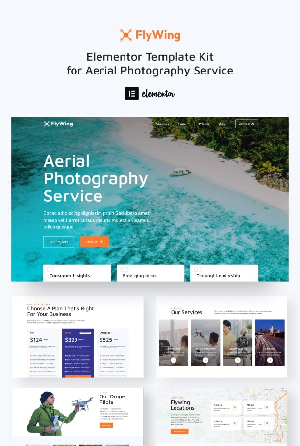 FlyWing - Drone Aerial Video & Photography WordPress Elementor Template Kit