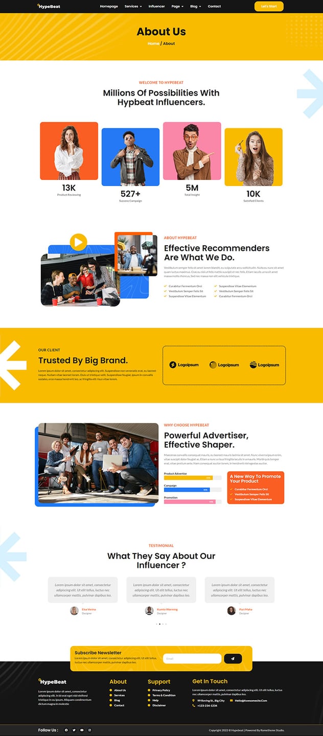 Hypebeat - Influencer Marketing Agency Elementor Pro Full Site Template Kit