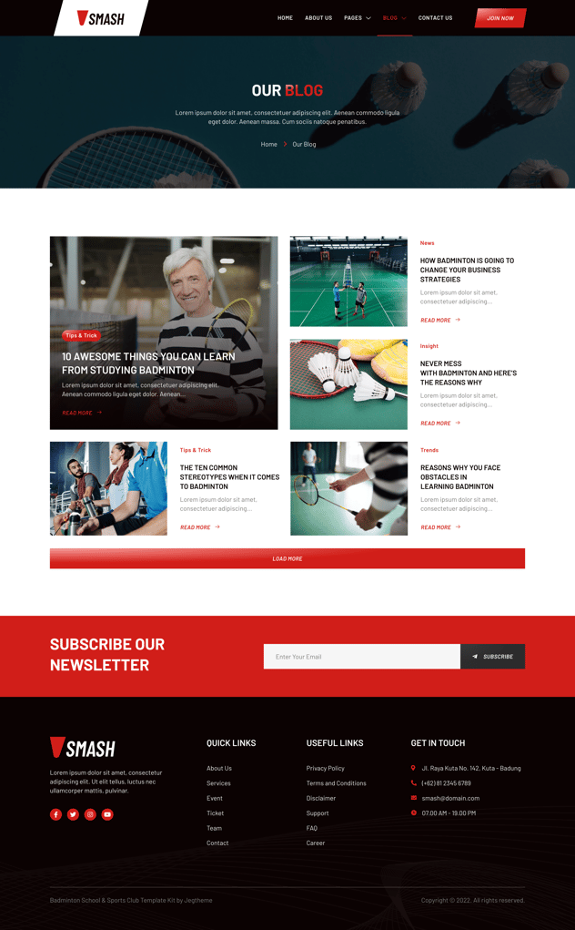 Smash – Badminton School & Sports Club Elementor Template Kit