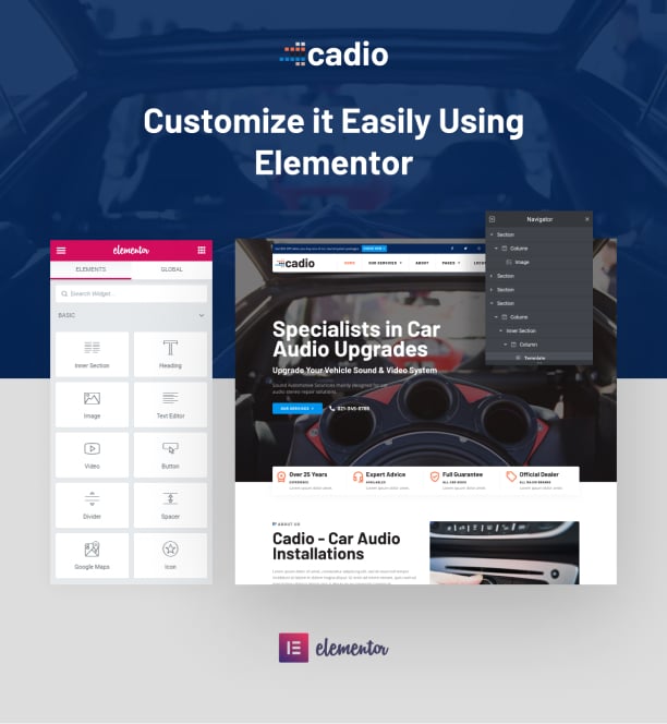 Cadio Car Audio Elementor Template Kit, WP Template Kits ft