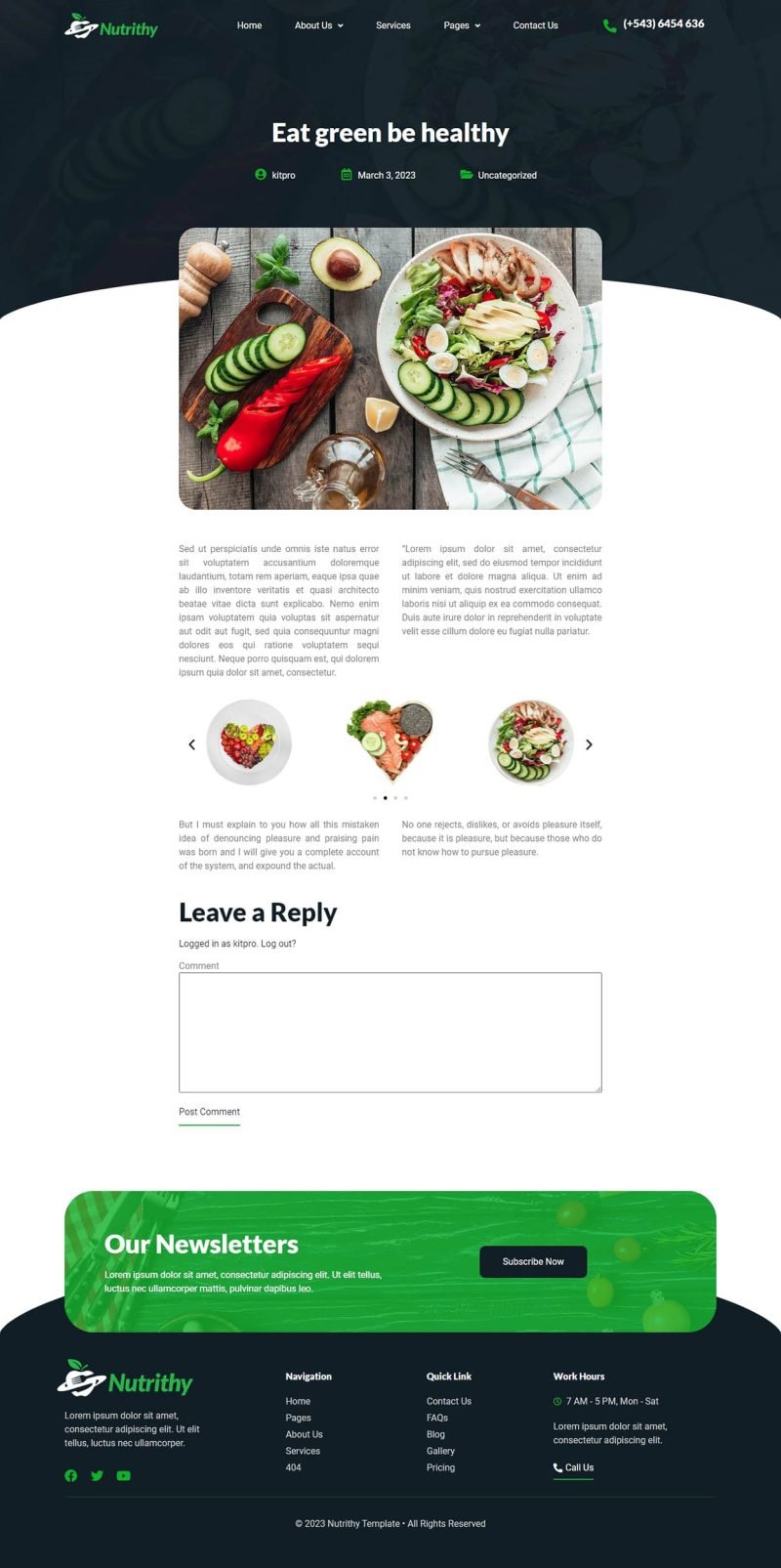 Nutrithy Healthy Food & Nutrition Elementor Template Kit, WP Template