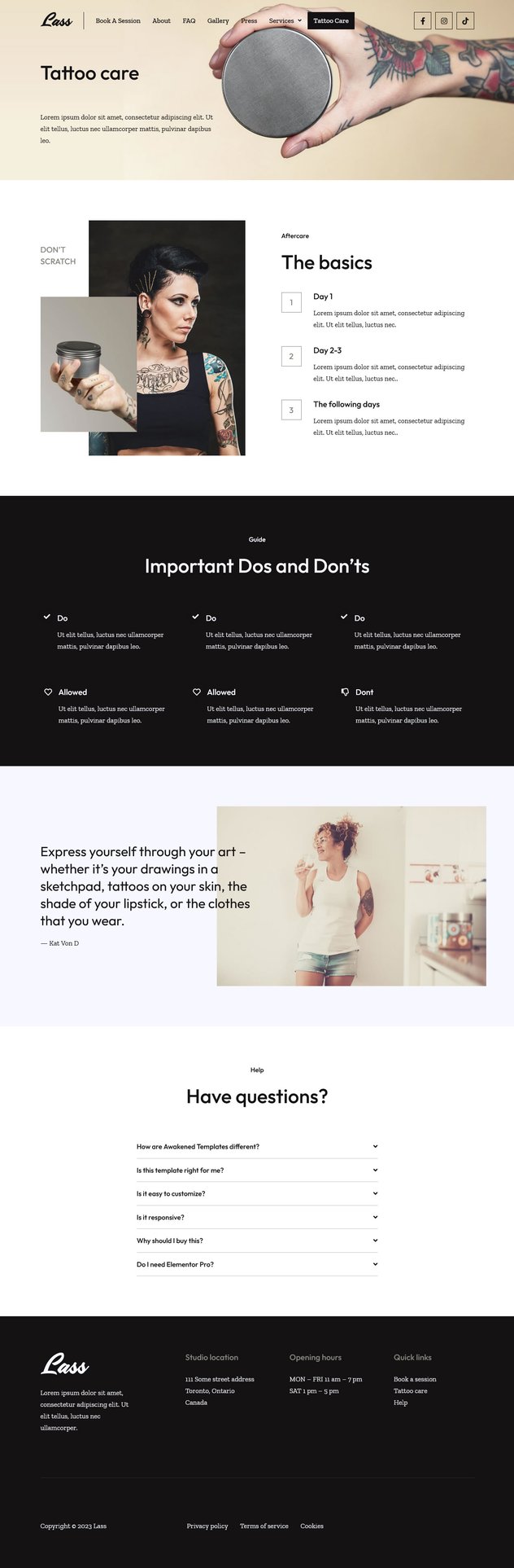 Lass Tattoo Artist & Piercing Studio Elementor Template Kit, WP