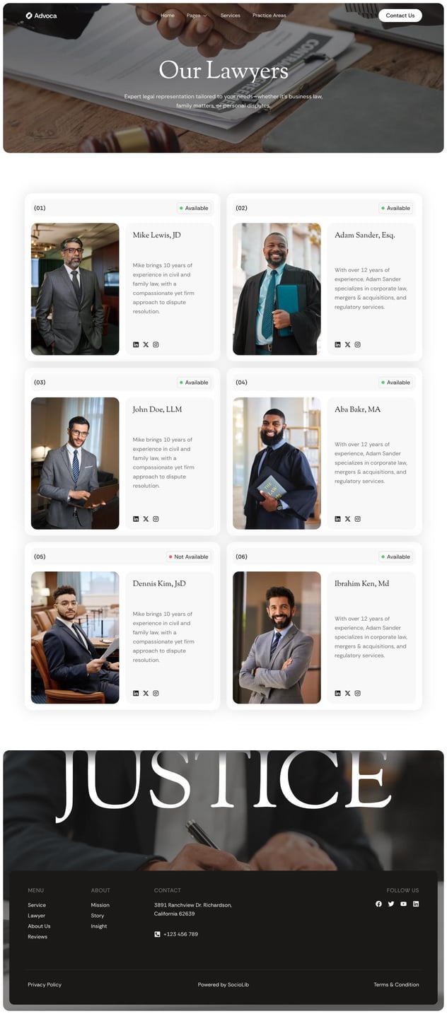 Advoca Lawyer & Attorney Service Elementor Template Kit, WP Template