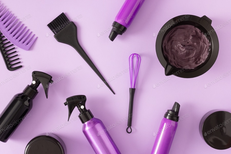 Cover for Hair care, styling and coloring products with hair dye tools. Top view, flat lay