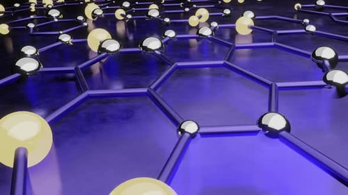 VJ loop animation background. Metal and luminous balls are connected by honeycombs. The camera flies