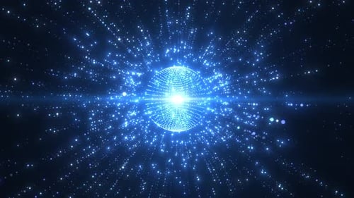 Abstract round sphere made of shiny blue magic glow particles on a dark background, energy ball