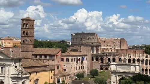 View of Ancient Colosseum, Arch of Constantine, Arch of Titus and Roman Forum, Rome, Italy