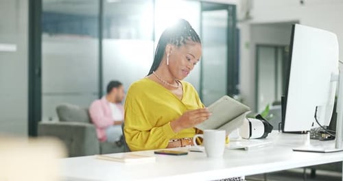 Computer, tablet or black woman typing review of finance portfolio, stock market database