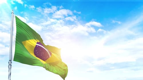 Brazilian Flag Waving in Sunny Blue Sky