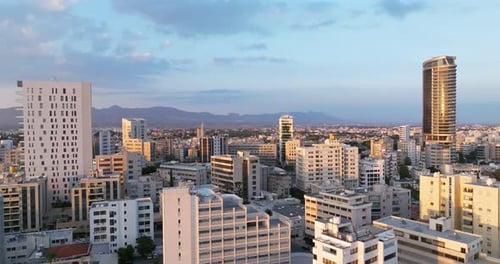 Aerial View of the Urban Landscape of the Business District Sunset in the City