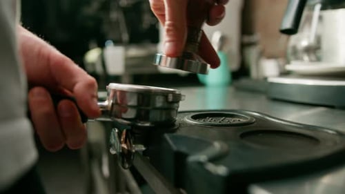 A professional barista in a coffee shop prepares ground coffee by tamping fresh ground coffee beans