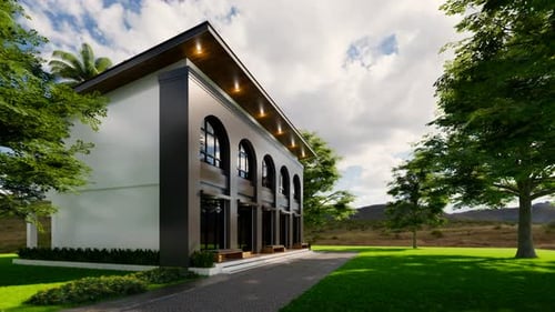 Modern Architectural House with Arches in Serene Green Landscape