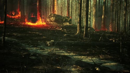 Forest Fire with Fallen Tree is Burned to the Ground