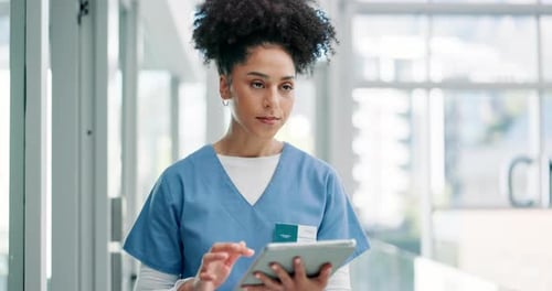 Woman, nurse and tablet for planning or research in hospital, information and report on technology
